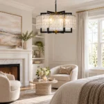 Modern farmhouse chandelier with black and gold frame in a living room