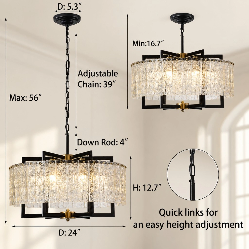 Adjustable height modern farmhouse chandelier with 39 inch chain and 24 inch diameter
