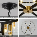 Black and gold chandelier details with E26 bulb sockets and metal frame