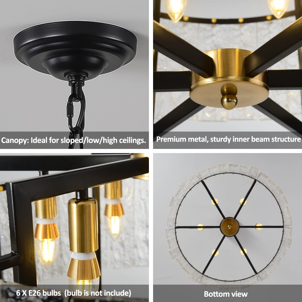 Black and gold chandelier details with E26 bulb sockets and metal frame