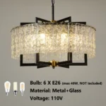 Six light farmhouse chandelier with water ripple glass and black gold frame