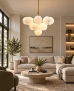 Modern glass bubble chandelier with milk white globes in a living room
