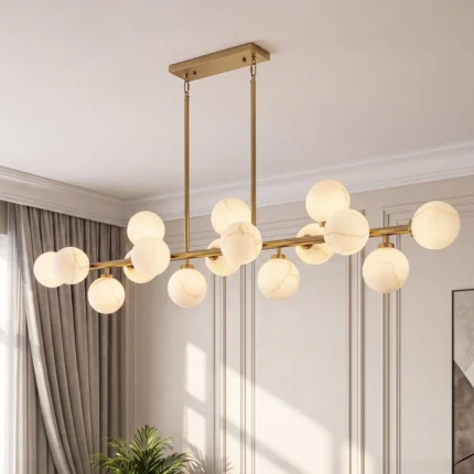 Modern globe chandelier with gold frame and hand-painted glass globe shades