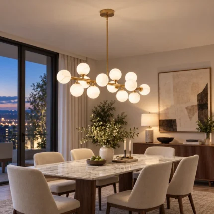 Modern linear chandelier with gold frame and white glass globes over a dining room table