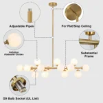 Modern linear chandelier details with imitation alabaster glass globes adjustable rods and G9 sockets