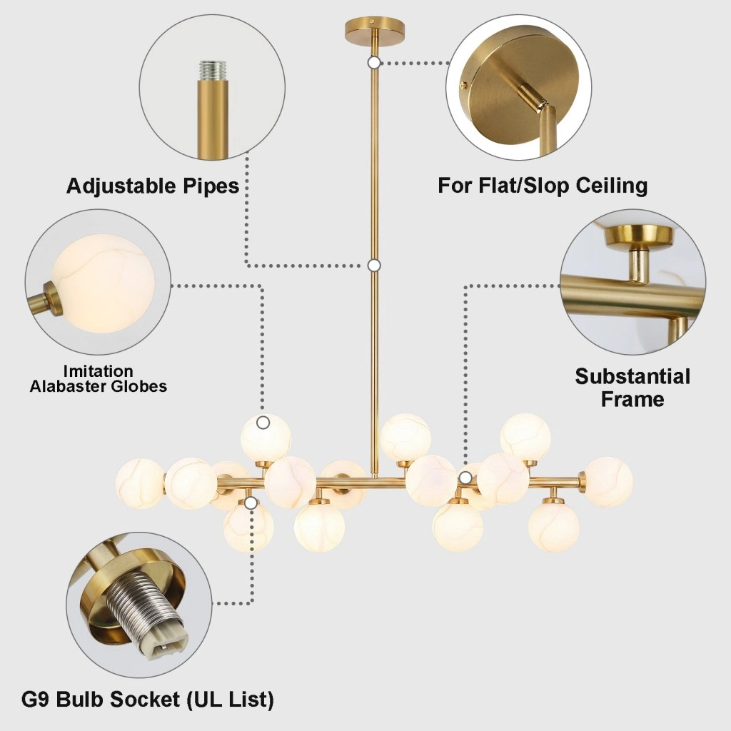 Modern linear chandelier details with imitation alabaster glass globes adjustable rods and G9 sockets