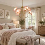 Red floral chandelier with glass flower shades in a bedroom