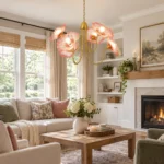 Red flower chandelier with gold frame in a modern living room
