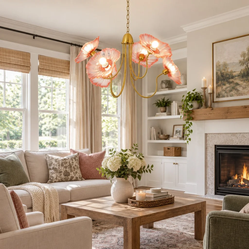 Red flower chandelier with gold frame in a modern living room