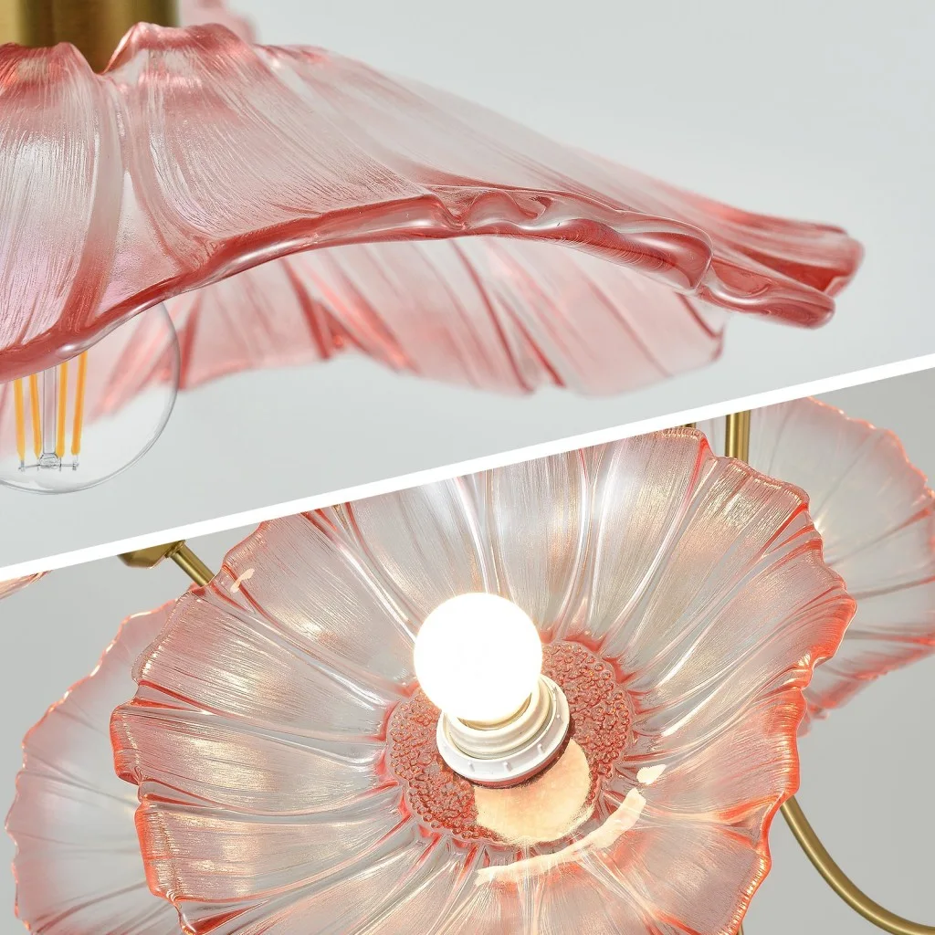 Red glass flower chandelier close-up showing the floral glass shade