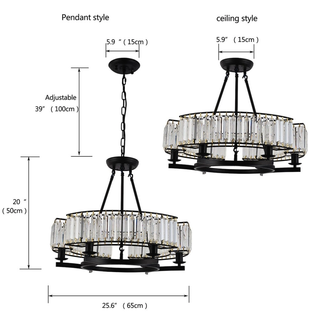 25.6 inch round crystal chandelier with adjustable chain and ceiling mount installation options