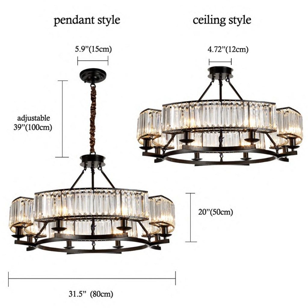 31.5 inch round crystal chandelier with adjustable pendant and ceiling mount installation options