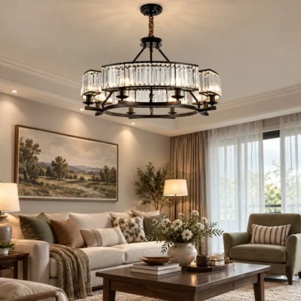 Rustic chandelier with black metal frame and clear crystals installed in a warm modern living room