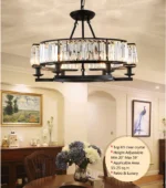 Rustic dining chandelier featuring a black metal frame and clear crystal prisms above a dining table