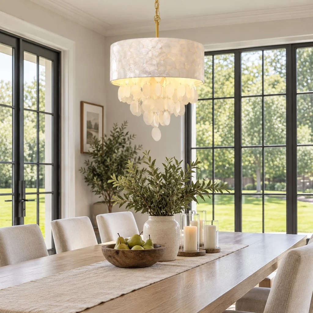 Shell chandelier with white drum shade above a rectangular dining table