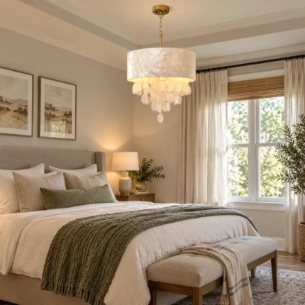 White shell chandelier with drum shade in a neutral bedroom
