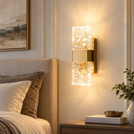 Gold crystal wall sconce providing warm bedside lighting next to an upholstered bed