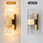 Crystal wall sconce shown with warm LED lighting on and off to compare the textured shades