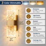 All-copper brass wall sconce with crystal shades and three color lighting option, measuring 3.5 by 11.4 inches