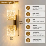 Brass crystal wall sconce with warm LED lighting, 3.5 inch width and 11.4 inch height