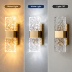 Crystal wall sconce lighting comparison showing warm light, white light and light off