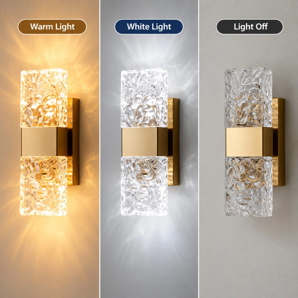 Crystal wall sconce lighting comparison showing warm light, white light and light off