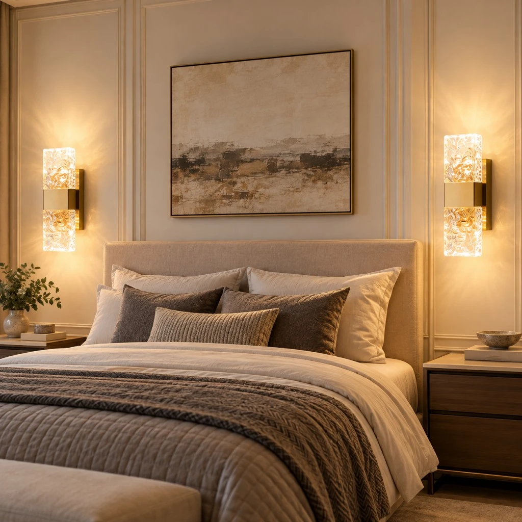 Pair of brass wall sconces with crystal shades mounted on both sides of a bedroom bed