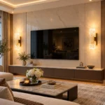 Pair of gold crystal wall sconces installed on either side of a living room television