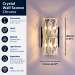 Chrome crystal wall sconce measuring 20 cm high and 12 cm wide with two G4 bulb positions