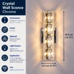 Chrome crystal wall sconce measuring 40 cm high and 12 cm wide with four G4 bulb positions