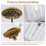 Close-up details of a clear glass pendant light featuring ribbed glass and ornate antique bronze metalwork.