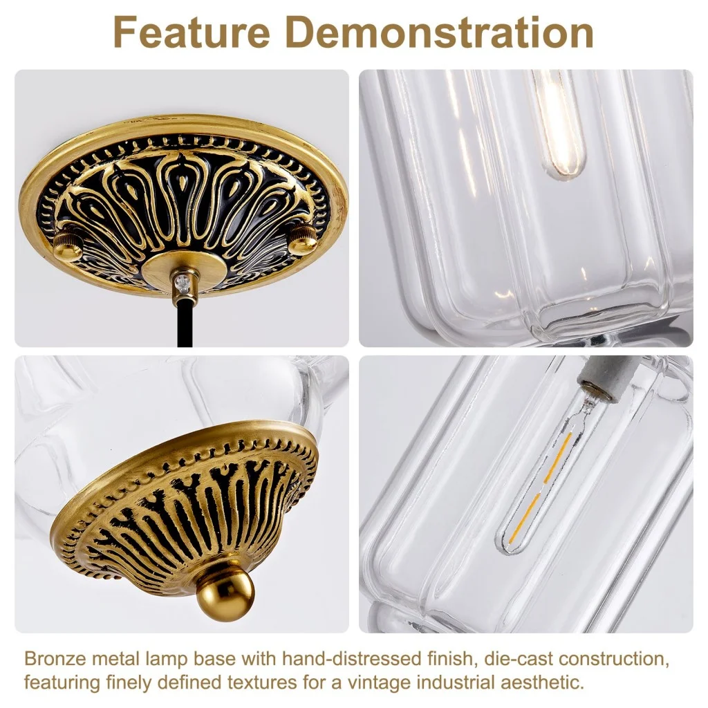 Close-up details of a clear glass pendant light featuring ribbed glass and ornate antique bronze metalwork.