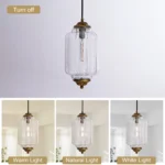 Clear glass pendant light shown switched off and illuminated with warm, natural, and white light for comparison.