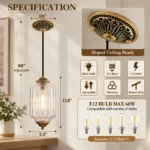 Clear glass pendant light specification diagram showing a 5.5-inch wide, 11.8-inch high shade, adjustable 90-inch hanging length, and E12 socket.