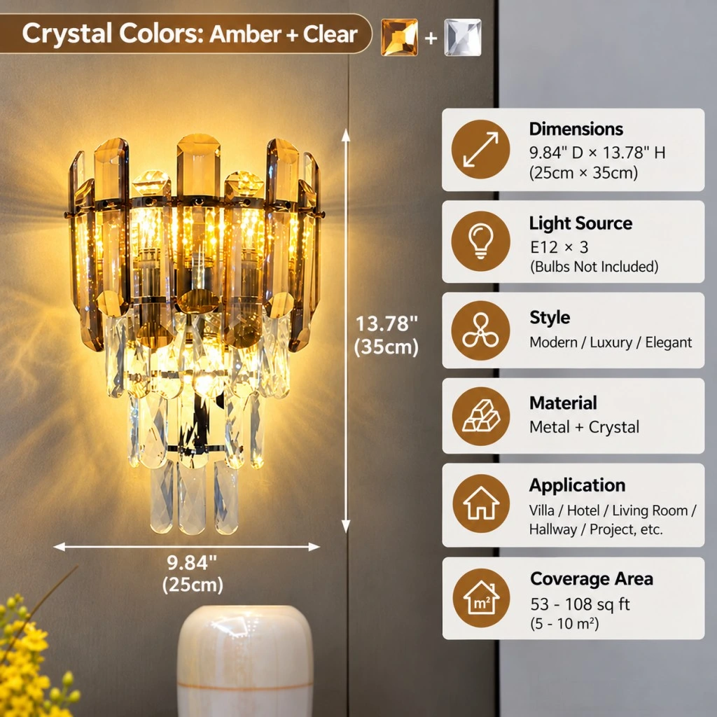 Amber and clear crystal wall sconce with three E12 bulb sockets, 9.84-inch diameter and 13.78-inch height. Bulbs not included.