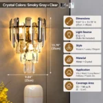 Smoky gray and clear crystal wall sconce with three E12 bulb sockets, 9.84-inch diameter and 13.78-inch height. Bulbs not included.