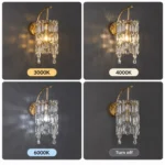 Style A crystal wall sconce shown with 3000K warm white, 4000K neutral white, 6000K cool white and lights off