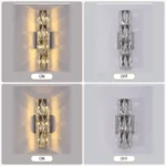 Comparison of crystal wall sconces switched on and off showing warm lighting and crystal details