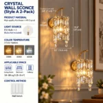Style A two-pack crystal wall sconces with gold frames, vertical crystal prisms, dimensions and E12 bulb specifications
