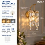 Style A crystal wall sconce specifications showing 14.6 inch height, 6.1 inch width, K9 crystals and E12 bulb requirement