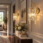 Two illuminated Style A crystal wall sconces with vertical crystal prisms mounted along an elegant hallway