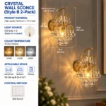 Style B two-pack crystal wall sconces with cascading round crystals, gold frames, dimensions and E12 bulb specifications
