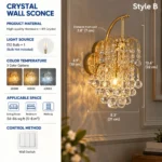Style B crystal wall sconce specifications showing 12.6 inch height, 8.3 inch width, K9 crystals and E12 bulb requirement