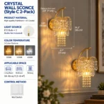 Style C two-pack crystal wall sconces with layered crystal strands, gold frames, dimensions and E12 bulb specifications