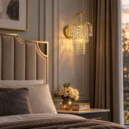 Gold crystal wall sconce Style C with layered crystal strands, mounted above a bedside table