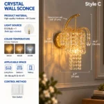 Style C crystal wall sconce specifications showing 14.2 inch height, 6.7 inch width, K9 crystals and E12 bulb requirement