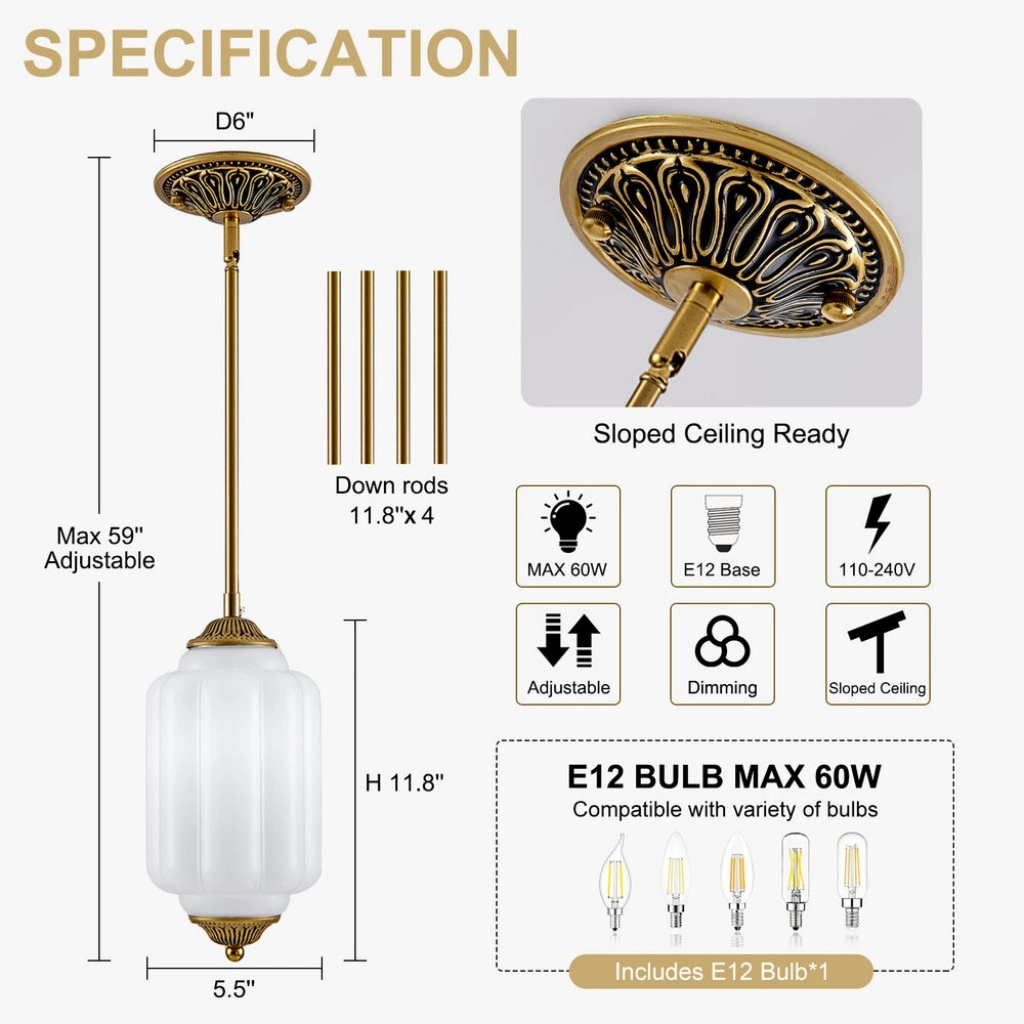 Farmhouse pendant light dimensions with adjustable downrods and sloped ceiling installation