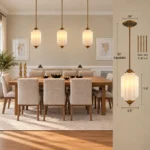 Farmhouse pendant lights over a dining table with adjustable hanging height