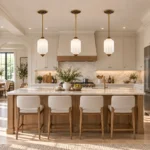 Farmhouse pendant lights over a kitchen island with milk glass shades