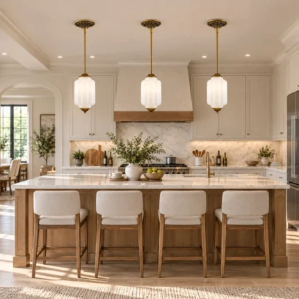 Farmhouse pendant lights over a kitchen island with milk glass shades
